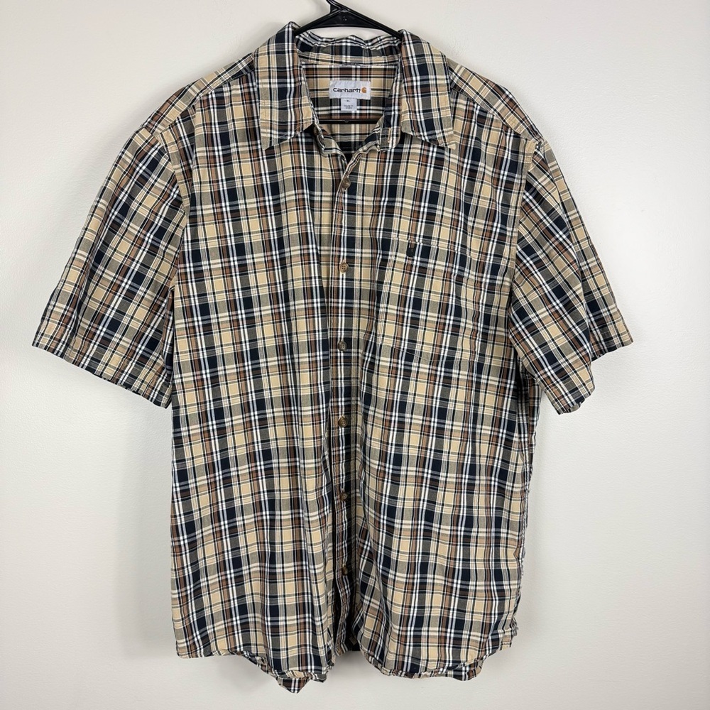 Carhartt Button Up Mens XL Plaid Short Sleeve Shirt Brown Tan Western Casual Top
